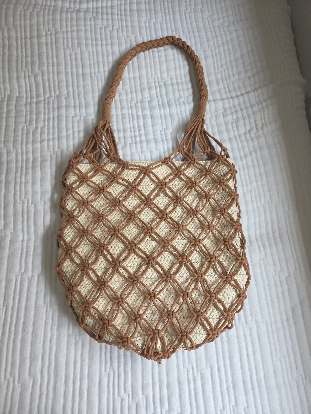 Woven Net Tote Bag in Tan and Cream